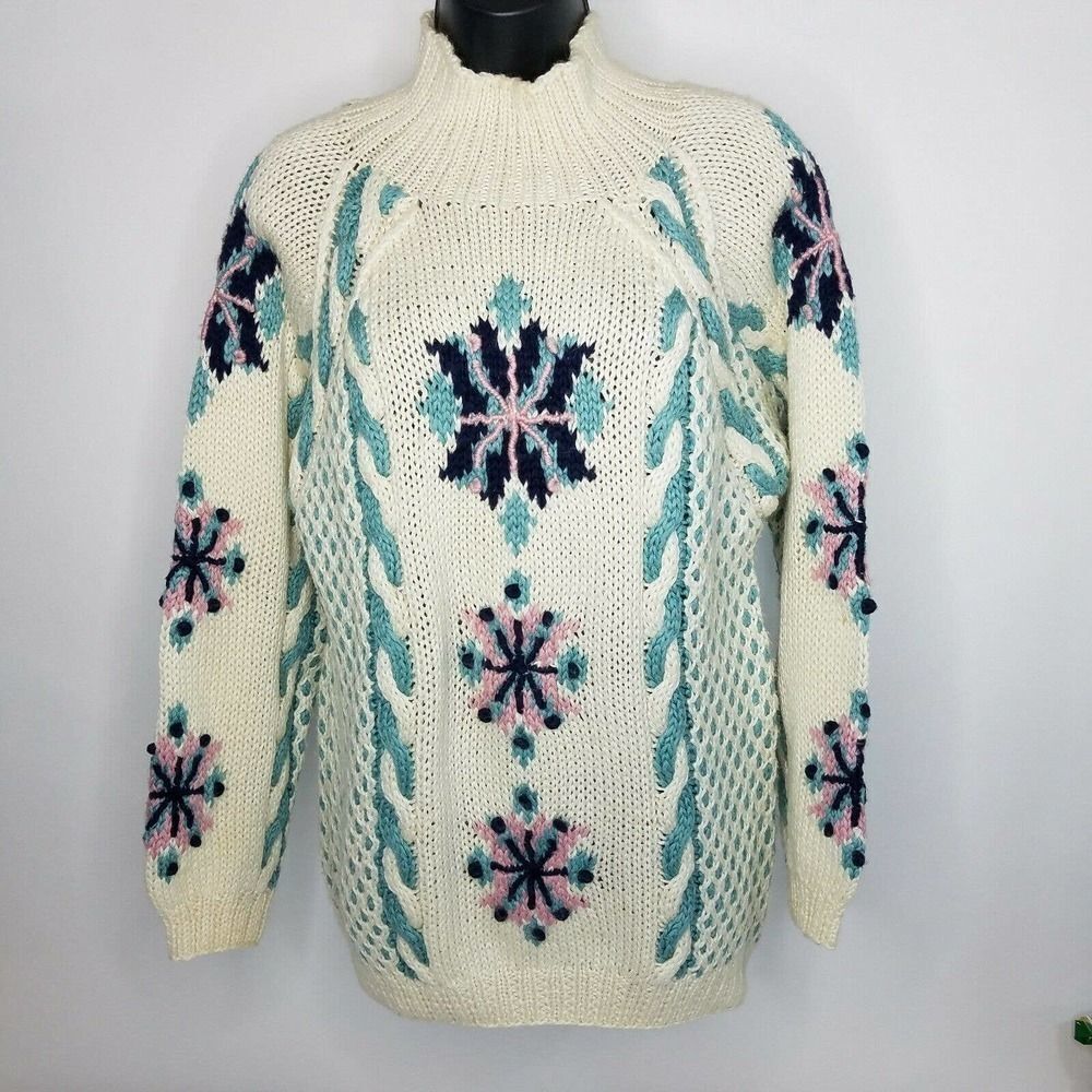 Vintage Allen Solly Shetland Wool Pink Mint Grandma Sweater Cable Knit Small